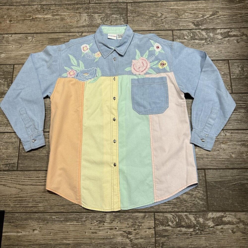 Vintage Pastel Colorblock Floral Embroidered Women’s Size 12 Shirt Button